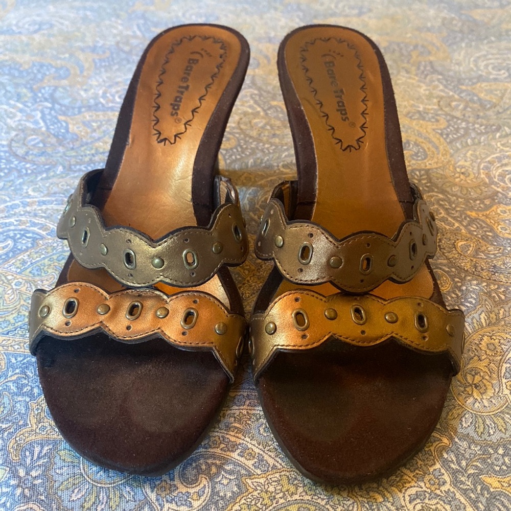 Bare Traps high heel slide sandals in Copper